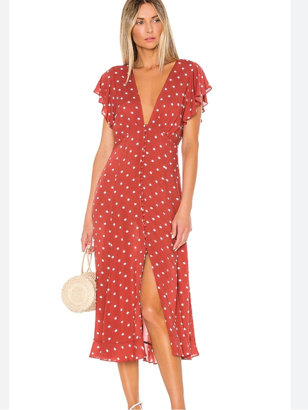 Aguste Polly Sunday Polka Dot V-Neck Midi Dress in Red